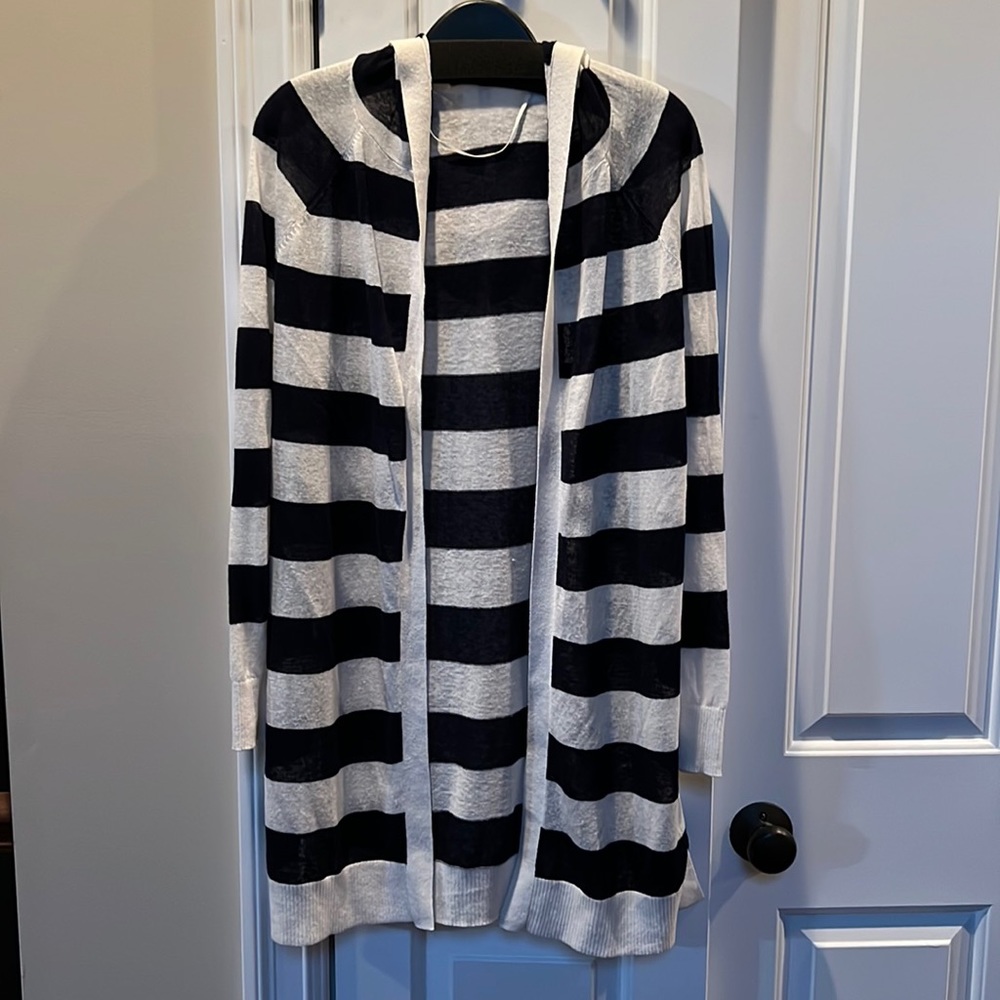 LOFT Women’s Lightweight Long Open hooded Cardigan in ivory and navy stripes